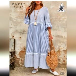 NWT 3X Blue Striped Maxi Dress with Crochet Details